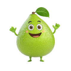 Cheerful cartoon avocado character with a green body and expressive eyes standing cheerfully on a white background
