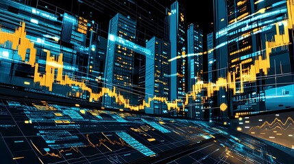 Futuristic city skyline overlaid with financial data.