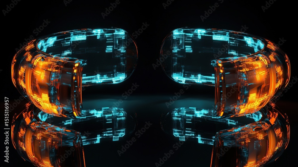 Poster a prismatic array of circuits glowing dynamic orange and cyan energy patterns