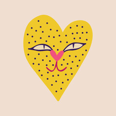 A cute quirky strange clockwork heart with a funny cat face. Illustration in a modern children's hand-drawn style