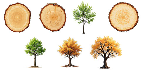 Collection of Stylized Tree Illustrations Featuring Green, Autumn, and Leafless Variants Alongside Cross-Sections of Tree Trunks on a transparent Background