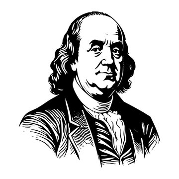 Benjamin franklin, America founding father engraving black and white outline. Scratch board imitation.