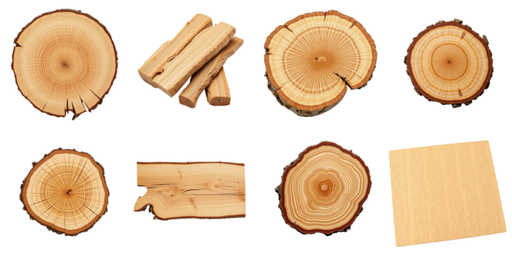 Variety of Wooden Textures and Logs Featuring Cross Sections, Stacked Logs, and a Smooth Wooden Panel Against a transparent Background for Graphic Design Use