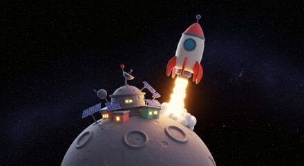 Rocket Launching From Lunar Base in Cartoon Space Background