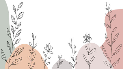 Minimalist botanical line art background with abstract pastel shapes elegant hand-drawn floral illustration for invitations, packaging, social media, and branding design