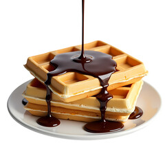 A stack of waffles on a white plate with chocolate syrup being poured on top   isolated on transparent background