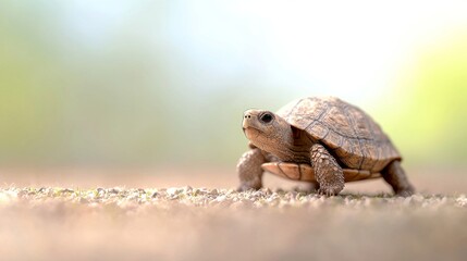 Obraz premium Adorable baby tortoise crawling on sandy ground. Concept of slow and steady, nature, wildlife, and perseverance.
