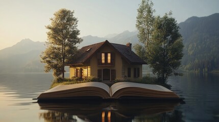 Obraz premium A beautiful lakeside house appears from inside an open hardcover book, with the water reflection subtly shimmering.