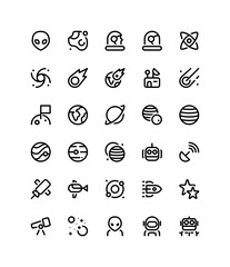 Astronomy icon set. Various simple illustrations including: alien, astronaut, planet, black hole, moon, telescope, nucleus, observatory, etc.