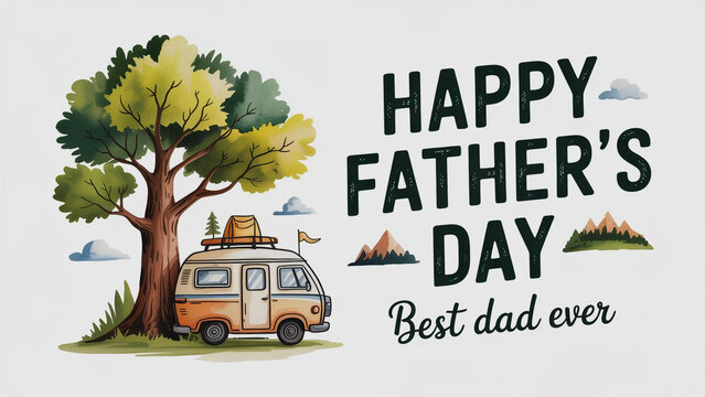 Happy father's day illustration featuring camper van tree mountains and best dad text