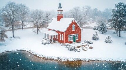 Red winter chapel nestled by a snow-covered lake. Snowy landscape