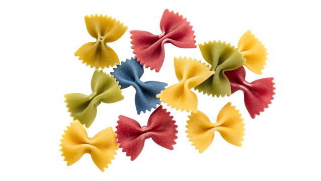 A close up shot of colorful farfalle pasta scattered on a white background in a random arrangement