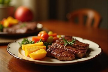 Grilled steak with vegetables on white plate.