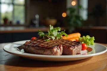 Grilled steak on a white plate with vegetables, blurred kitchen background, home-cooked meal