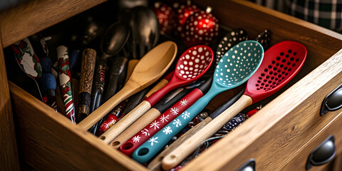 Close-up of holiday-themed cooking utensils, including spatulas and spoons adorned with festive colors, displayed in a kitchen drawer.