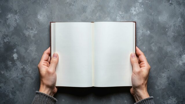 Two hands holding a blank open book ready for customization on a textured gray surface
