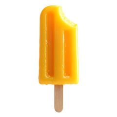 A yellow popsicle with a bite taken out of it on a wooden stick    isolated on transparent background