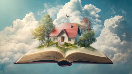 Floating house image above a book with its pages mid-turn, photorealistic textures showing the home emerging from imagination into reality.