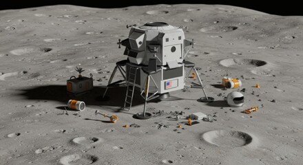 Lunar Module Landing on Moon Surface with Astronaut Equipment Scene