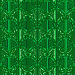 Art nouveau green seamless pattern of arches. Shades of green colors design. Horizontal rows of fans. Geometric ornament of rounded arched elements. Bright classic modern design.