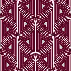 Art nouveau seamless background of red and white elements. Fantasy geometric seamless pattern. Fancy sharp arch shaped. Bright modern design of curved lines for decor clothes, home, etc.