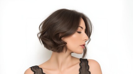 Elegant Beauty Portrait: Sophisticated Brunette Bob Hairstyle in Studio Photography with Minimalistic Background and Feminine Allure