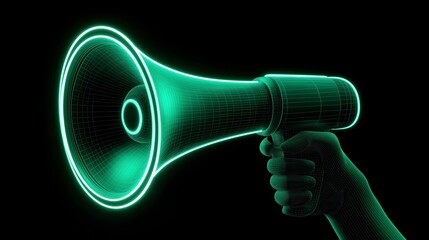Neon Glow Handheld Megaphone: Dynamic Communication Device and Marketing Strategy for Digital Art and Social Media Promotion in Vibrant 3D Rendering