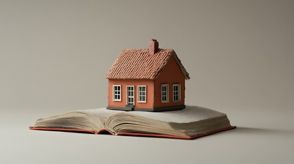 Open architecture book lays flat as a home floats from the center--windows, roof tiles, and all, presented in hyper-real detail.
