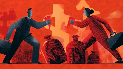 Abstract Business Competition and Finance Negotiation Illustration: Business Professionals with Bags of Money on Red Background