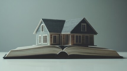 Open architecture book lays flat as a home floats from the center--windows, roof tiles, and all, presented in hyper-real detail.