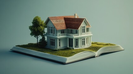 Open architecture book lays flat as a home floats from the center--windows, roof tiles, and all, presented in hyper-real detail.