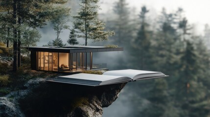 Open architecture guide with pages bending slightly as a floating modern home hovers above. Sharp, detailed, and inspirational.
