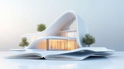 Open architecture guide with pages bending slightly as a floating modern home hovers above. Sharp, detailed, and inspirational.
