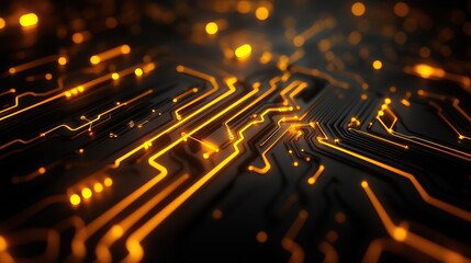 A swirling fractal-inspired circuit design glowing golden yellow against a dynamic