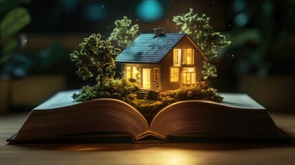 Open book placed on a minimalist desk with a high-res house model gently hovering above. The pages illuminate the base, creating a magical moment.