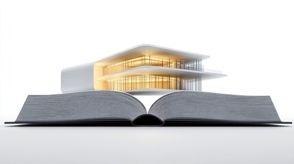 Open book with glowing pages, from which a photorealistic modern home floats upward, symbolizing the creation of dreams from literature. White background, crisp shadows.