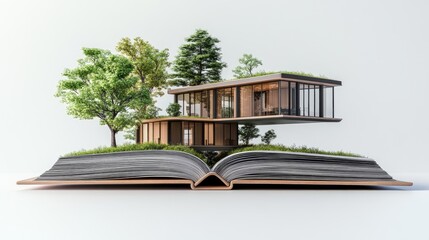 Open design book with bright pages and a detailed modern house floating upward from its binding. Studio lighting and sharp focus.