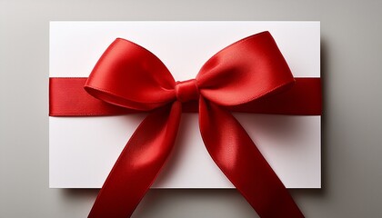 an elegant blank greeting card with a single red bow on top placed against a white background