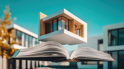 Open design book with bright pages and a detailed modern house floating upward from its binding. Studio lighting and sharp focus.