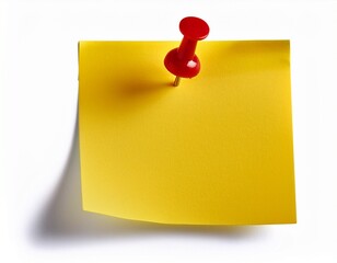 yellow sticky post it note with red pushpin isolated on white background