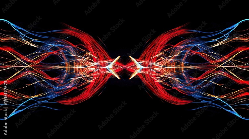 Poster a symmetrical circuit pattern with vibrant neon red and indigo colors flowing through angular golden