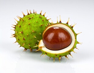 Marrons dans leur bogue ouverte, fruits du marronnier non comestible. Isolé sur fond blanc. Generated image