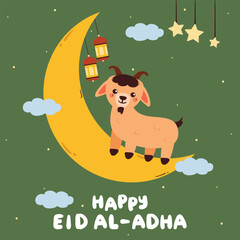 cute drawing Eid Al Adha card with cartoon goat, moon and lantern. cute drawing for eid card, wallpaper and background