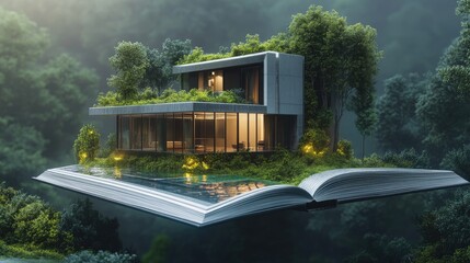 Photorealistic depiction of a modern home with infinity pool lifting off from an open book with textured pages.
