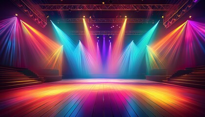 empty stage with colorful spotlights scene lighting effects ai