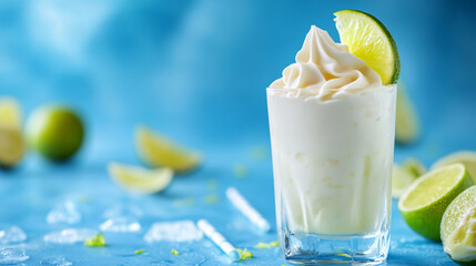 Photo of A pachirana cocktail with lime and whipped cream on blue background.