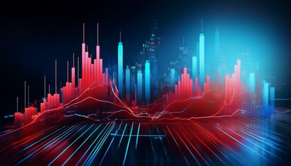 elegant abstract visualization of financial data trends with red and blue candlestick charts on a dark canvas generative ai