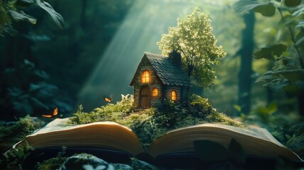 Photorealistic small cottage rising from the center of a children's fairytale book, symbolizing imagination and home.