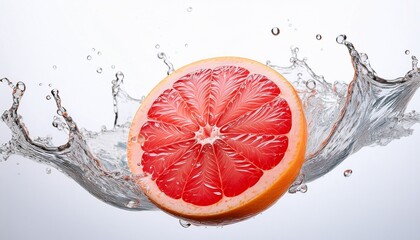 grapefruit slice with water splash on white background refreshing and juicy fruit concept