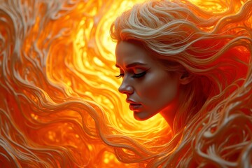 Portrait Of Woman With Long Gold Hair And Closed Eyes Representing Freedom Or Art